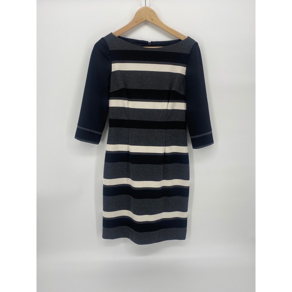 White House Black Market Sheath Dress Womens 4 Black Grey Striped Excellent Knit